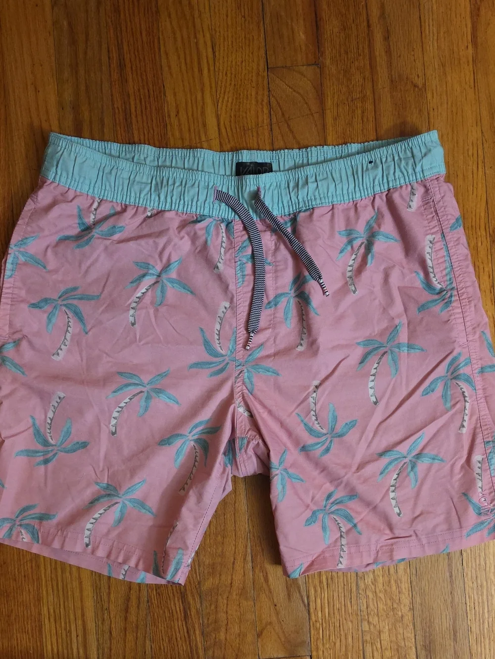 Men's Pink Palm-Print Swim Trunks with Aqua Waistband